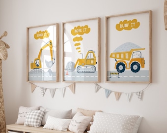 Transportation Nursery, Construction Prints, Vehicles Wall Art, Toddler Boy Room Decor, Nursery Printable, Scoop it, Move it, Dump it