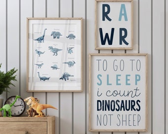 Dinosaur nursery wall art, Shades of blue, Set of 3 printables, Playroom wall art, Dino prints, Boys room wall art