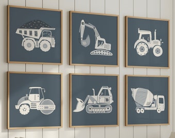 Construction Vehicles, Nursery Wall Art, Set Of 6 Digital Prints, Charcoal Grey Background, Square Posters, Construction Room Decor