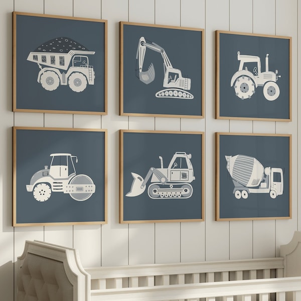 Construction Vehicles, Nursery Wall Art, Set Of 6 Digital Prints, Charcoal Grey Background, Square Posters, Construction Room Decor