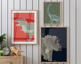 T Rex imprimible, arte de pared Triceratops, conjunto de 3 archivos digitales, impresión de dinosaurio Brachiosaurus, arte de pared de guardería, imprimibles de sala de juegos