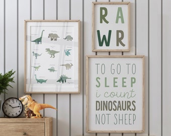 Arte de pared de vivero de dinosaurios, conjunto de 3 impresiones de guardería, imprimibles de guardería, impresión de dinosaurio, decoración de pared de guardería, decoración de habitación de niños