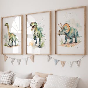Dinosaur Prints, Dinosaur Posters Set of 3, Dinosaur Nursery Decor, Dinosaur Wall Art, T-Rex, Triceratops, Brontosaurus, Digital Download