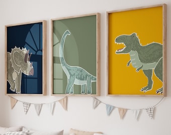 Set Of 3 Dinosaur Prints, Green, Navy Blue, Mustard, Dinosaur Wall Art, T Rex Print, Triceratops, Baby Boy Decor