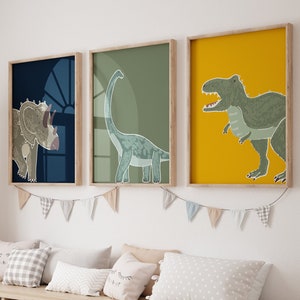 Set Of 3 Dinosaur Prints, Green, Navy Blue, Mustard, Dinosaur Wall Art, T Rex Print, Triceratops, Baby Boy Decor