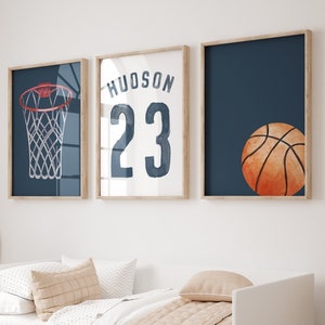 Póster de baloncesto, impresión deportiva para dormitorio, nombre personalizado en acuarela, impresiones de baloncesto, juego de 3, arte mural de baloncesto, descarga digital