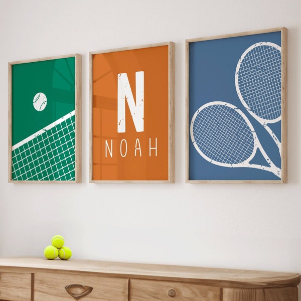 Lot de 3 impression tennis, prénom personnalisé, décoration de chambre d'enfant, art mural chambre de garçons, cadeau joueur de tennis, cadeau tennis, imprimable pour chambre d'enfant