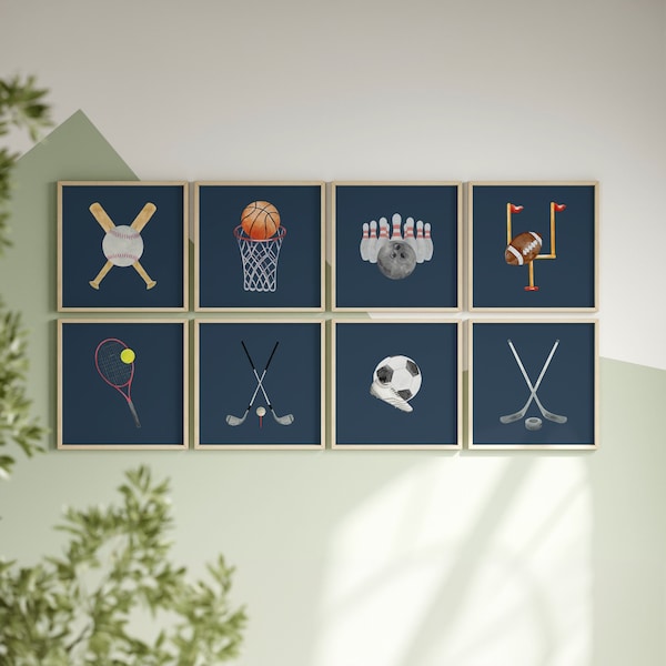 Arte infantil deportivo: Láminas de acuarela, decoración azul marino (descarga digital)