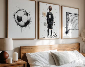 Personalized Soccer Wall Art Set of 3, Custom Name & Number Watercolor Print, Soccer Player Gift, Boys Room Decor