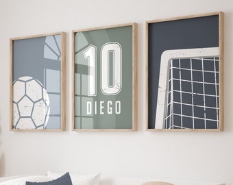 Arte de pared de guardería de fútbol, impresiones de fútbol personalizadas, camiseta de fútbol con nombre personalizado, decoración de habitación para niños, arte de pared para niños pequeños, balón de fútbol, imprimible