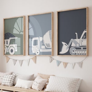 Set of 3 Vehicle Prints, Construction Wall Art, Transportation Print Nursery, Bulldozer Print, Dump Truck Wall Art, Cement Mixer Truck