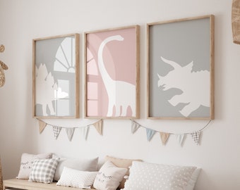 Set of 3 Dinosaur Poster, Girl's Nursery Decor, Light Gray & Rosy Outlook, Dinosaur Wall Decor, Girl Bedroom Wall Decor, Instant Download