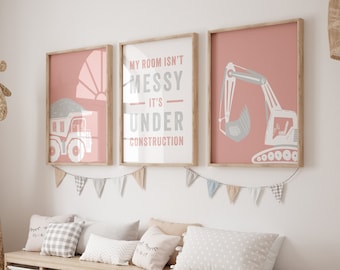 Girl's Construction Truck Prints: Pale Pink Nursery Decor (Digital Download)