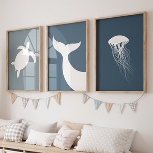 Set Of 3 Sea Prints, Sea Animals Wall Art, Jellyfish Print, Whale Tale, Sea Turtle Poster, Blue Tones - Printable Art