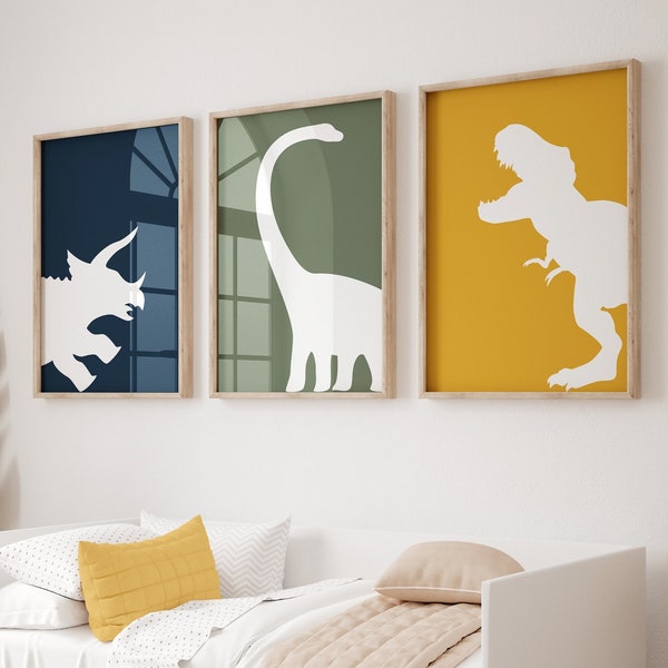 Dinosaur prints, set van 3 posters, marineblauw, groen en mosterd, dinosaurus kunst aan de muur, T Rex print, triceratops, brontosaurus, digitale download