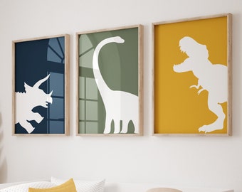 Dinosaur Prints, Set of 3 Posters, Navy Blue, Green and Mustard, Dinosaur Wall Art, T Rex Print, Triceratops, Brontosaurus, Digital Download