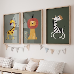 Safari Nursery Wall Art, Green Shades Background, Cute Giraffe, Lion and Zebra, Set of 3 Digital Prints