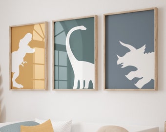 Impresiones de dinosaurios para habitación de niños, arte de pared de dinosaurios, decoración de dinosaurios, conjunto de 3 imprimibles, decoración de habitación para niños pequeños, arte de pared para niños pequeños, decoración de dinosaurios