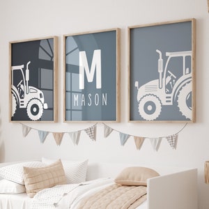 Tractor Wall Decor, Farmhouse Nursery Prints, Set of 3 Prints, Custom Name Wall Art, Tractor Wall Decor, Printable Art, Grey Color Scheme image 3