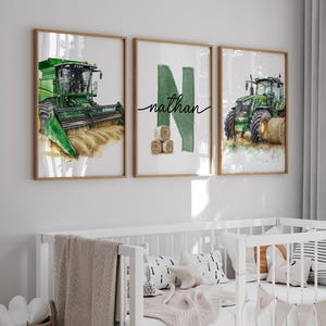 May include: Three framed watercolor prints featuring farm equipment. The first shows a green combine harvester, the second a green "N" with the name "Nathan", and the third a green tractor. All are set against a white background.
