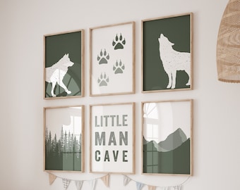 Set of 6 Wolf Nursery Prints, Wolf Nursery Decor, Forest Nursery, Mountain Nursery, Green Nursery Decor, Woodland Wall Art, Instant Download