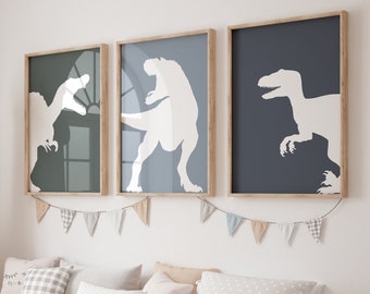 Set of 3 Dinosaur Wall Art Prints - T-Rex, Velociraptor, and Spinosaurus