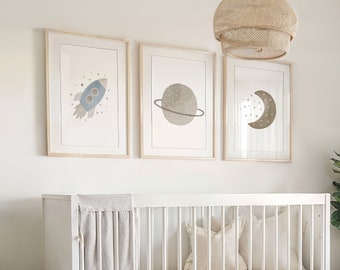 Space Nursery Prints Set: Moon, Rocket, Planet (Instant Download)