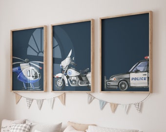Impresiones de vehículos policiales: acuarela de coche, motocicleta y helicóptero (descarga digital)