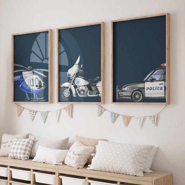 Polizei Kinderzimmer Wandkunst, Polizei Fahrzeuge, 3er Set Polizei Drucke, Polizei Auto, Hubschrauber, Motorrad, Jungen Schlafzimmer Dekor, Sofort Download