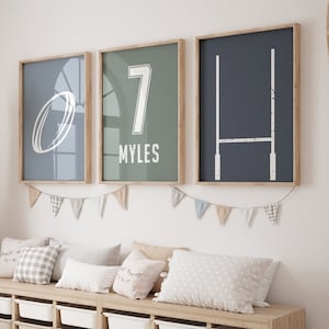 Arte mural de rugby, decoración para habitación de niño, láminas de rugby, decoración de dormitorio de niño, regalo para niño, nombre de camiseta de rugby, juego de 3 pósteres de rugby, descarga digital