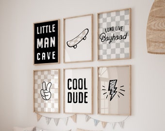 Retro Boys Room Prints: Lightning Bolt, Skateboard Gallery Wall Set (Digital Download)