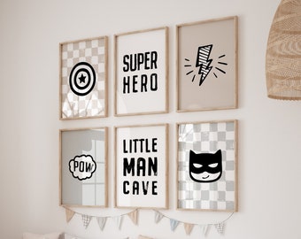 Superhero Nursery Prints: Set of 6, Black & Gray Wall Art (Instant Download)