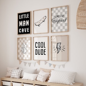 Gallery Wall Set of 6, Retro Prints, Boys Room Decor, Black, Light Gray and Oatmeal, Boys Wall Art, Nursery Printable, Instant Download
