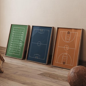 Pósteres de campos deportivos, decoración de dormitorios deportivos, guardería deportiva, campo de fútbol, campo de fútbol americano, cancha de baloncesto, juego de 3, descarga digital