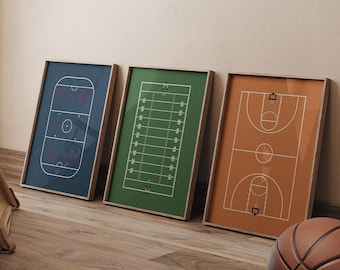 Sports Fields Wall Art: Hockey, Football, Basketball Set (Digital Download)