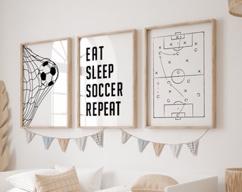 Impresiones de fútbol, decoración del dormitorio de los niños, arte de la pared de fútbol, cartel de fútbol, arte de la guardería deportiva, conjunto de 3, repetición del fútbol del sueño, descarga instantánea