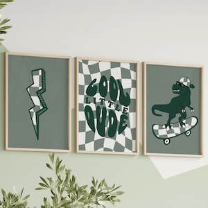 Dinosaur Nursery Prints: T-Rex, Lightning Bolt, Checkerboard Art (Digital Download)