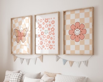 Arte de la pared de la mariposa, arte de la pared del vivero de las niñas, impresiones de la margarita, conjunto de 3 impresiones, decoración de la habitación de las niñas, vivero maravilloso, arte imprimible del vivero