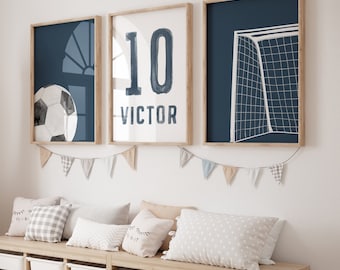 Personalized Watercolor Soccer Wall Art Set of 3 Prints | Faded Navy | Digital Download