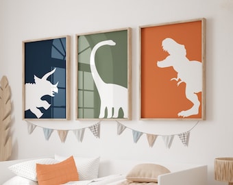 Dinosaur Art Prints, Set of 3 Posters, Dark Navy Blue, Green and Orange, Dinosaur Wall Art, Dinosaur Decor, Digital Download
