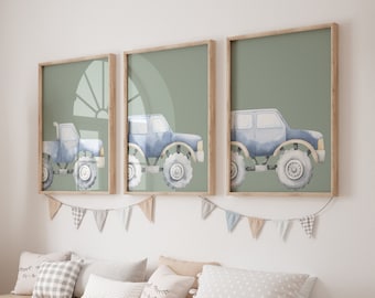 Monster Truck, Set of 3 Prints, Boys Room Decor, Sage Green, Toddler Wall Art, Printable Art, Instant Download