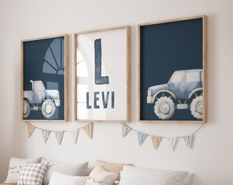 Monster Truck Wall Art, Nursery Wall Decor, Watercolor Custom Name, Set of 3 Prints, Boys Bedroom Decor, Printable Art