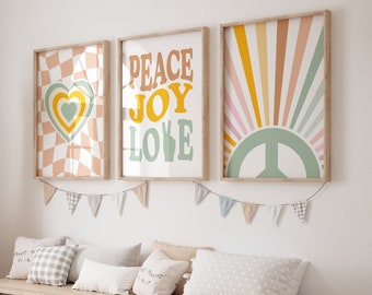 Guardería para bebés Groovy, arte de pared a cuadros, arte de pared retro para niñas, decoración de habitación para niñas, conjunto de arte de pared de 3, guardería imprimible, impresiones para niña