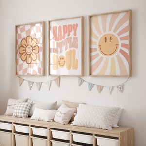 Daisy Wall Art, Girls Nursery Wall Art, Conjunto de 3 impresiones, Decoración de la habitación de las niñas, Guardería Groovy, Guardería imprimible, Descarga instantánea