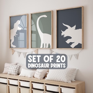 Poster stampabili per la cameretta dei bambini con dinosauri - 20 dinosauri diversi e 10 colori di sfondo inclusi