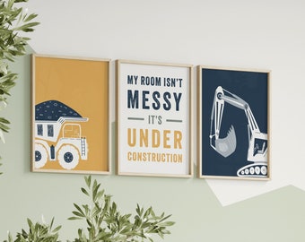 Construction Prints, Truck and Digger, Navy and Mustard, Multiple Sizes Included, Toddler Room Decor, Set of 3 Poster, Digital Download