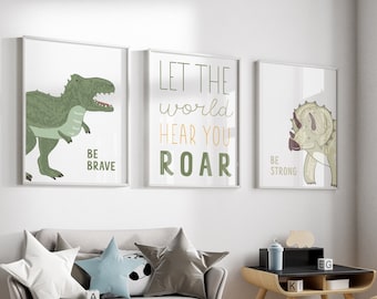 Arte de pared de dinosaurio, juego de 3 impresiones de arte de pared de guardería, imprimibles de guardería, decoración de pared de niños, decoración de pared de guardería