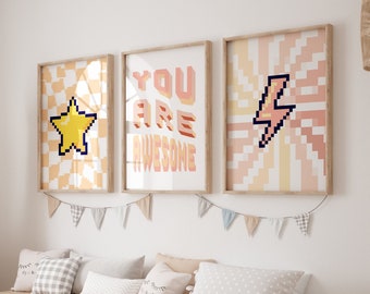 Arte de pared de píxeles, estrella, rayo, impresión de afirmación, juego de 3, póster de tablero de ajedrez, decoración de la habitación de las niñas, regalo de cumpleaños, descarga instantánea