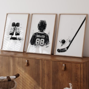 Personalized Hockey Wall Art Set of 3, Custom Name and Number Jersey Print, Boys Sports Room Decor, Skates & Stick Poster, Digital Download