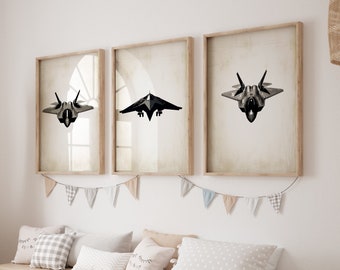 Fighter Jet Prints: Vintage Airplane Nursery Art, Set of 3 (Digital Download)